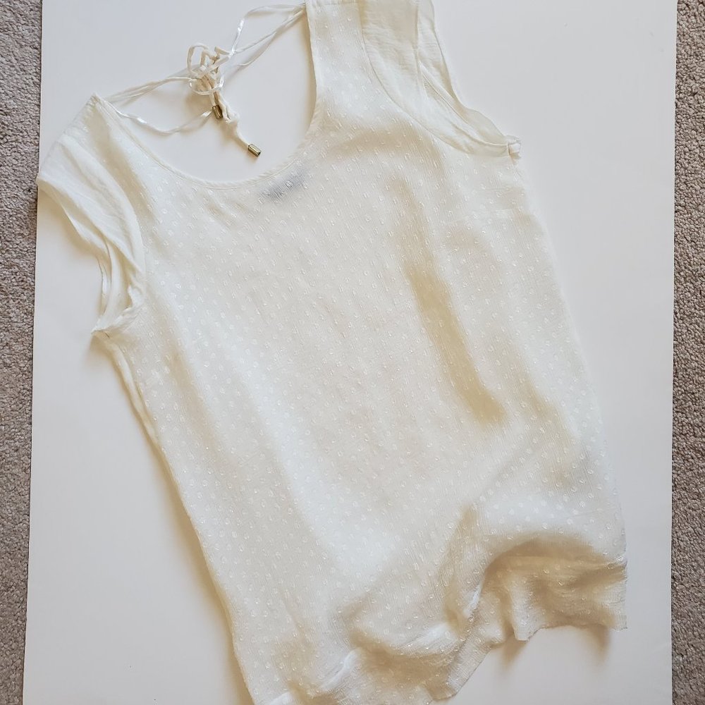 Massimo Dutti Cream White Short Sleeve Tie in Back Sheer Blouse Size 4
